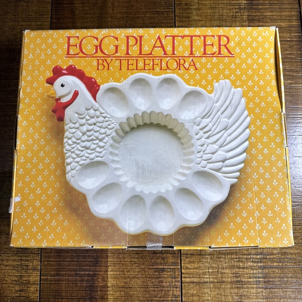 Vintage Teleflora Deviled Egg Platter Dish‎ Rooster Chicken Shaped Portugal